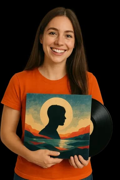 Eine lächelnde Frau, die eine Vinylplatte hält.