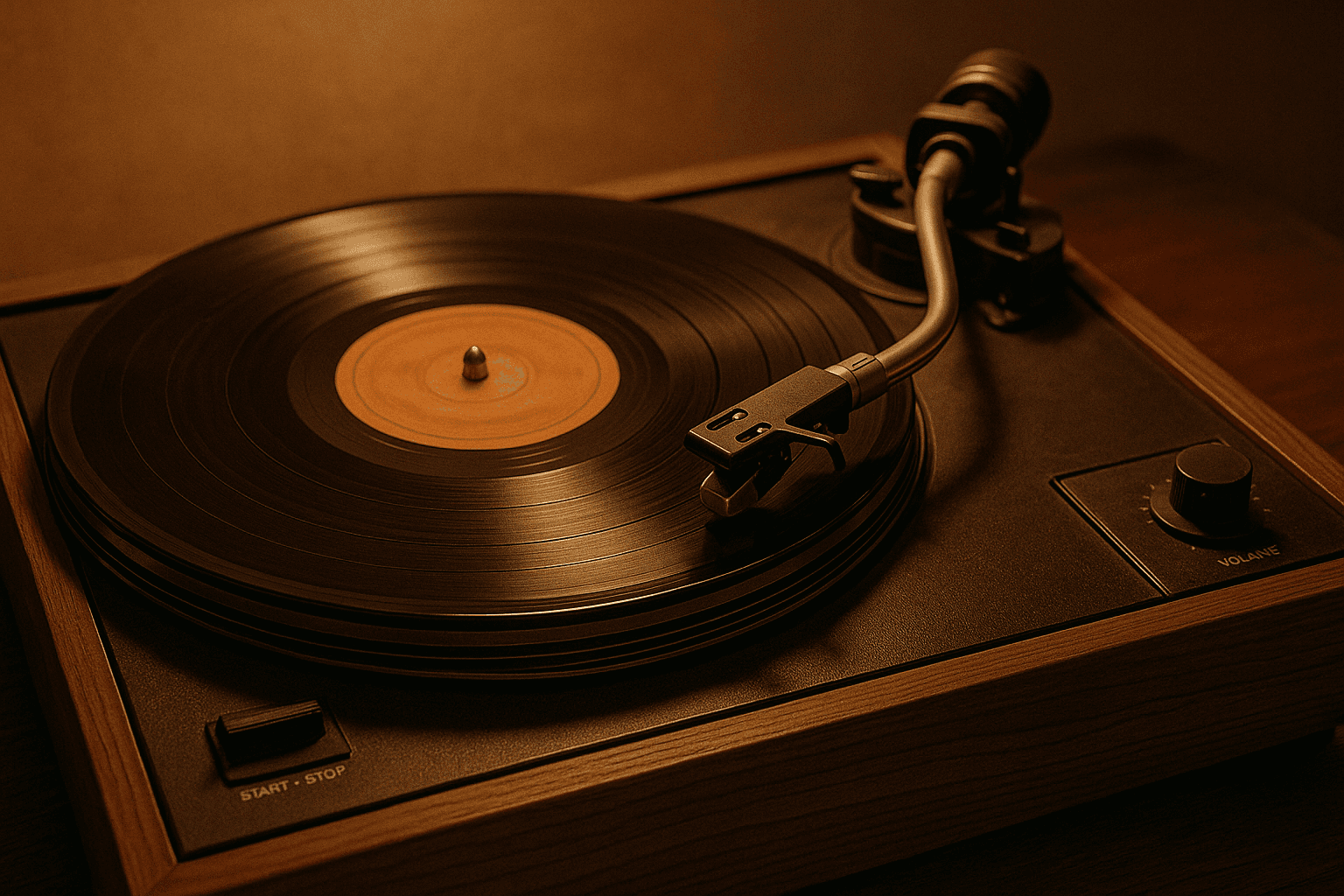 Ein Vintage-Schallplattenspieler, der eine klassische Vinylplatte mit einer warmen, nostalgischen Atmosphäre rotiert.
