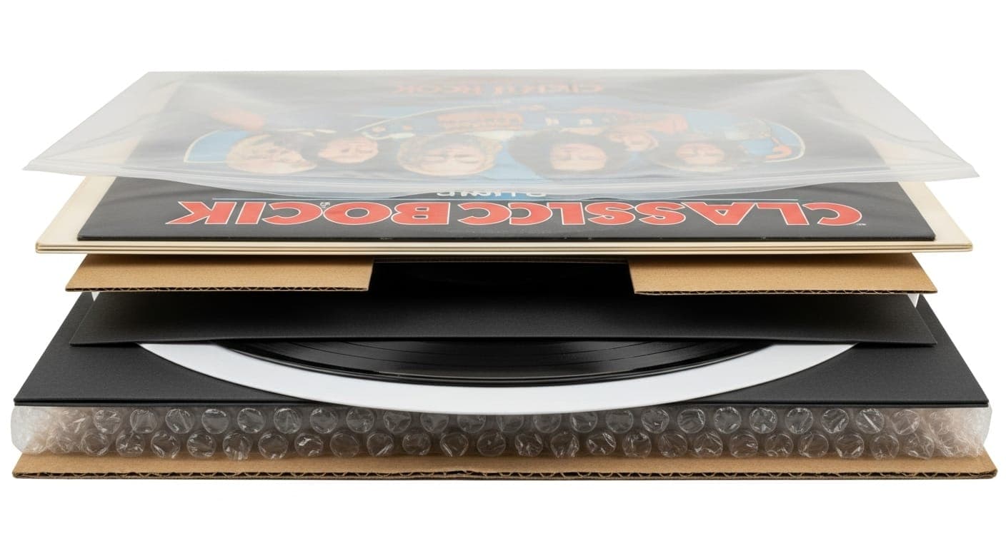 Cross-section view of properly layered vinyl record packaging showing all protective layers
